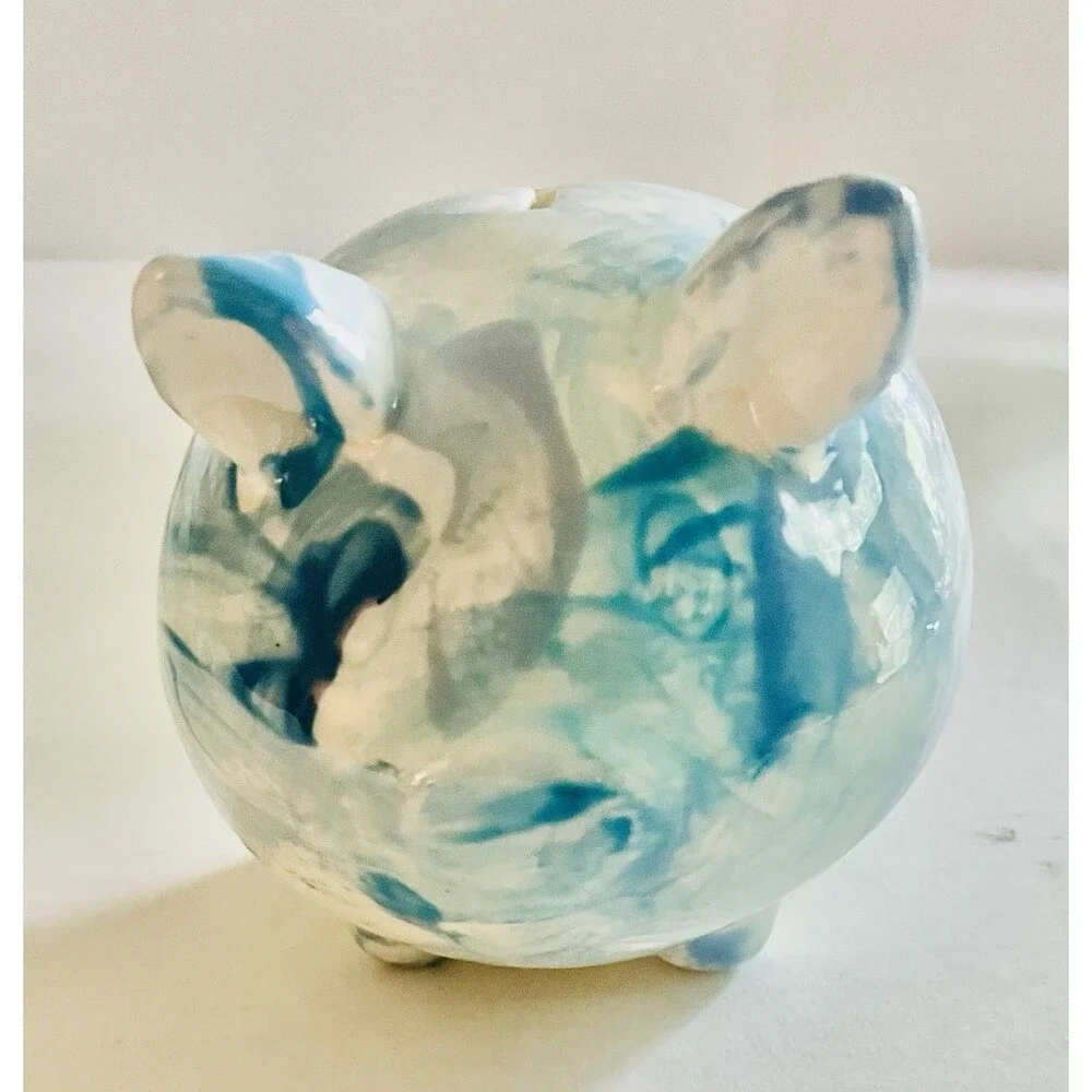 Handmade Ceramic Pottery Piggy Bank Blue White Swirled  Spongeware